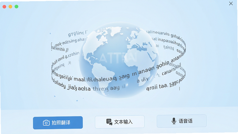AITIR 软件主界面展示,极简扁平化设计风格,中央显示一个巨大的半透明地球仪图标,周围环绕着不同语言的字符流,背景为干净的浅蓝色渐变,底部有三个主要功能按钮:拍照翻译、文本输入、语音对话,整体布局清晰有序,无杂乱元素,高清画质,干净,无多余元素