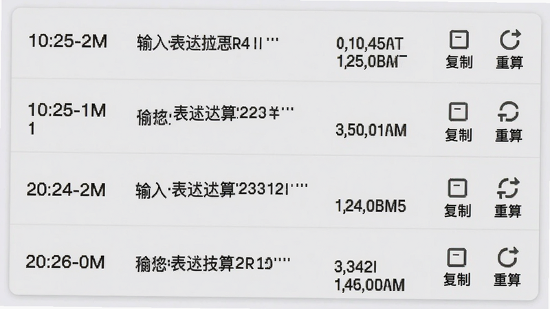 高级科学计算器历史记录界面,列表式布局,每行显示时间戳、输入表达式与最终结果,右侧有“复制”和“重算”小图标,背景为浅灰色卡片,字体为无衬线黑体,清晰易读,体现数据管理的便捷性,扁平化风格,高清截图,无水印