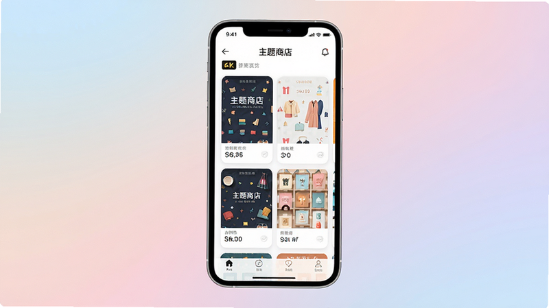 主体为“主题商店”APP的高清界面预览图,布局采用中心对称,展示手机屏幕中央的美化界面,排版整洁,风格为现代扁平化设计,细节丰富,包含多个主题卡片缩略图,画质8k,干净,无多余元素,背景为柔和的渐变色,文字