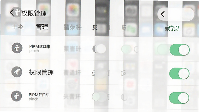 主体为手机设置界面,展示权限管理选项,布局为列表形式,风格为扁平化设计,色调为白色背景灰色文字,细节包含开关按钮、权限图标,文字显示“权限管理”,画质清晰,干净,无多余元素