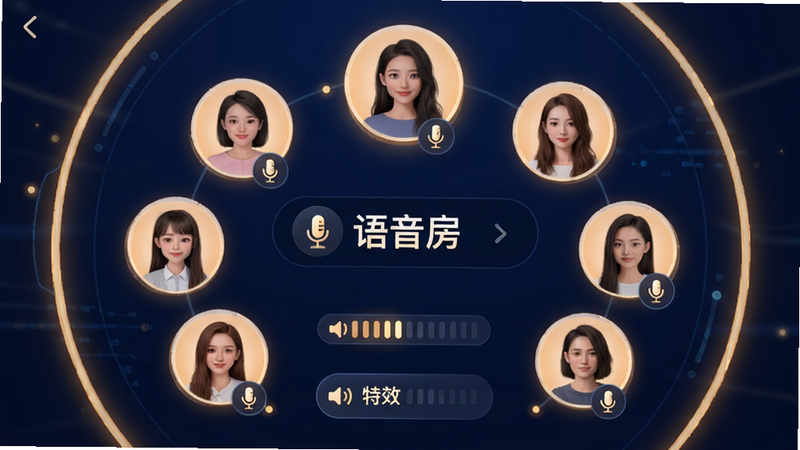 主体为多人语音房间界面,布局呈现环形头像排列,风格为科技感与温馨感结合,色调为深蓝色背景搭配暖色灯光,细节包含麦克风图标、音量条、特效按钮,文字显示“语音房”,画质精致,干净,无多余元素