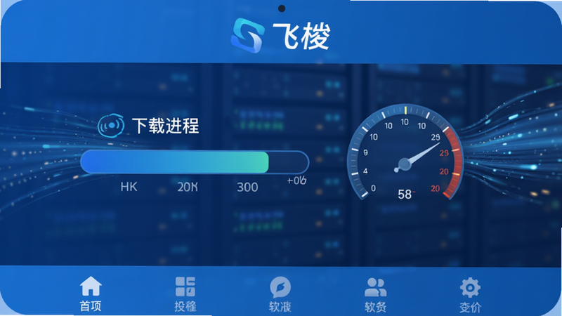 主体为飞梭软件安卓客户端界面,布局简洁清爽,顶部显示“飞梭”Logo,中部为醒目的下载进度条与速度仪表盘,底部为功能导航栏,风格为现代扁平化科技蓝,细节包含高速数据流动效,画质4k,干净无多余元素