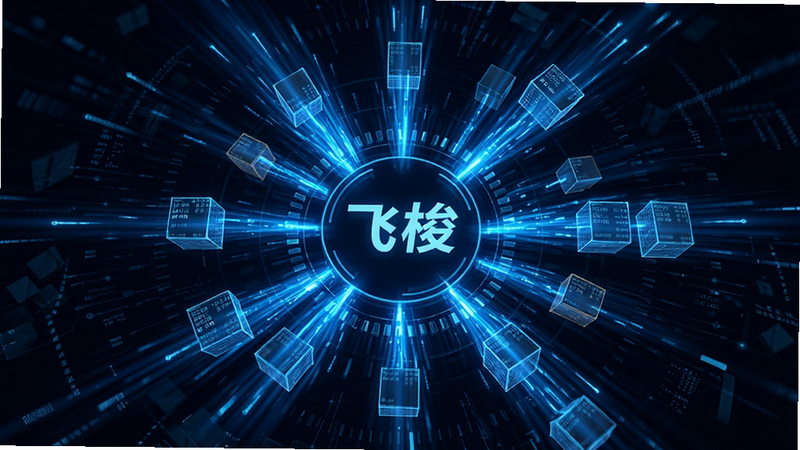 主体为抽象的高速数据传输可视化图,布局呈环形放射状,中心为“飞梭”文字标识,周围环绕着代表数据流的蓝色光线,风格为赛博科技风,细节展示数据包的高速汇聚,画质高清,干净