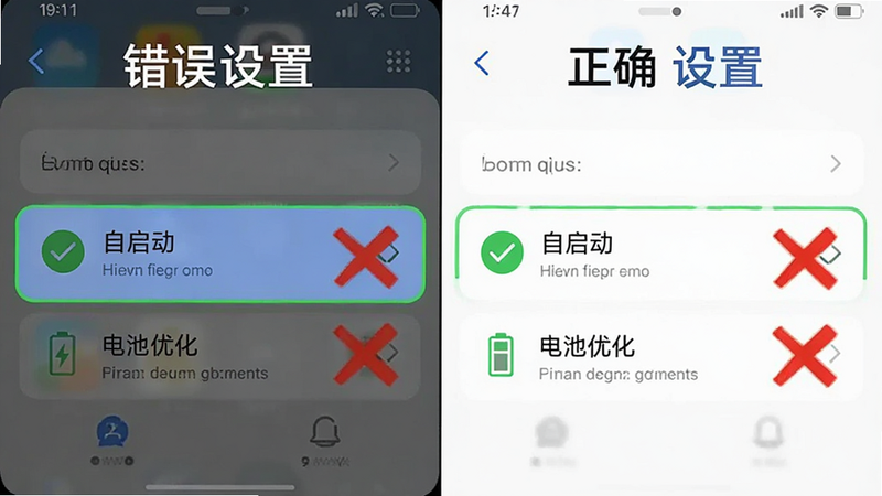 主体为手机设置界面,高亮显示“自启动”和“电池优化”选项,布局为分屏对比,左侧为错误设置,右侧为正确设置,风格为教程图解,细节包含对勾和叉号图标,画质清晰,无干扰文字