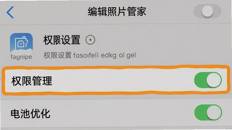 手机设置界面截图,显示“编辑照片管家”应用详情页面,重点高亮“权限管理”和“电池优化”选项,布局清晰,风格简洁,细节展示开关状态,画质清晰,文字“权限设置”醒目,无多余图标