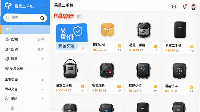 主体为易重二手机App界面全景展示,布局呈现左侧分类导航栏与右侧商品列表区域,排版清晰整洁,风格为扁平化现代UI设计,细节包含搜索框、热门分类图标及商品卡片,文字标注“易重二手机”、“智能估价”、“安全交易”,画质高清,干净,无多余元素