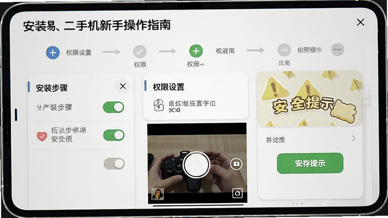 主体为易重二手机新手操作指南界面,布局包含步骤指示器与图文教程区域,排版直观易懂,风格简约友好,细节显示权限设置开关、拍照界面及保存提示,文字标注“安装步骤”、“权限设置”、“安全提示”,画质清晰,干净,无多余元素