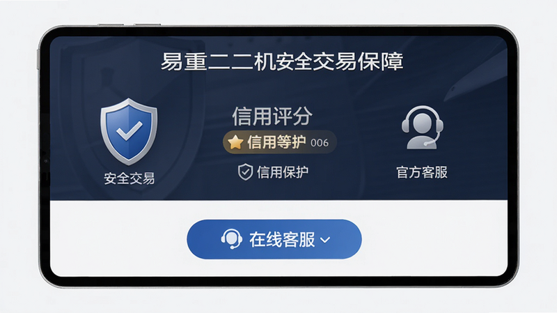 主体为易重二手机安全交易保障界面,布局展示信用评分、虚拟号保护及客服入口,排版稳重可靠,风格商务简洁,细节显示盾牌图标、信用等级标识及在线客服按钮,文字标注“安全交易”、“信用保护”、“官方客服”,画质高清,干净,无多余元素
