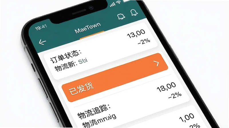 生成一张手机端使用MaeTown的界面截图风格图,主体为手机屏幕,布局为列表视图,显示订单状态和物流追踪信息,排版紧凑有序,风格为极简UI设计,细节处高亮显示