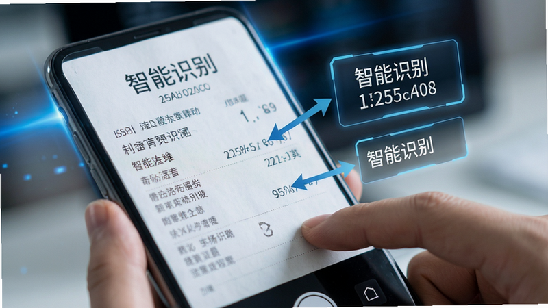 主体为手机拍摄发票的动作,镜头聚焦于发票关键信息区域,旁边悬浮显示识别出的数据字段框,箭头指向对应文字,背景虚化,突出科技感,蓝色光效点缀,风格清晰专业,高清,无多余元素,文字