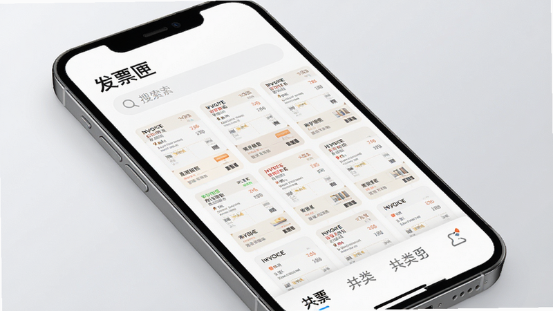 主体为手机屏幕特写,显示“发票匣”APP界面,界面整洁,顶部有搜索栏,中部展示多张发票缩略图网格布局,底部有分类标签,背景为浅灰色渐变,风格现代简约,高清渲染,无多余元素,文字清晰可见
