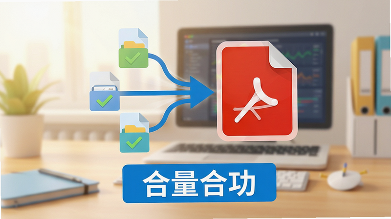 主体为文件合并示意图,多个小文件图标汇聚成一个大的PDF图标,下方显示“合并成功”提示,背景为办公桌面,光线柔和,风格扁平化设计,色彩明快,高清,无多余元素,文字