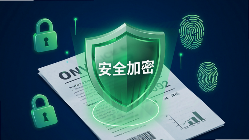 主体为盾牌图标覆盖在发票文件上,盾牌发出绿色安全光芒,周围有锁和指纹图案,背景深蓝色,象征安全,风格科技感强,高清,无多余元素,文字
