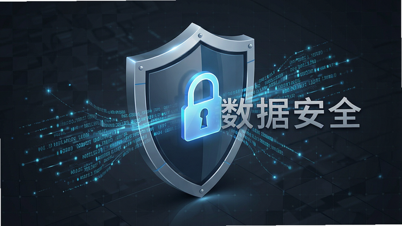 主体为安全盾牌与数据流图标,数据流穿过盾牌被保护,背景为深灰色科技网格,风格专业,高清,无多余元素,文字