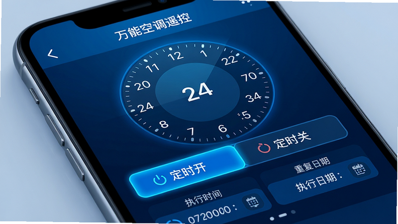 �ֻ�������д����ʾ�����ܿյ�ң�ء�APP�Ķ�ʱ����ҳ�棬��������������24Сʱʱ��ת�̣�������ʾ����ʱ�����͡���ʱ�ء�����ѡ��·��С�ִ��ʱ�䡱�͡��ظ����ڡ�ѡ���������Ƽ���ǿ����ɫ��ɫ��������������������Ⱦ