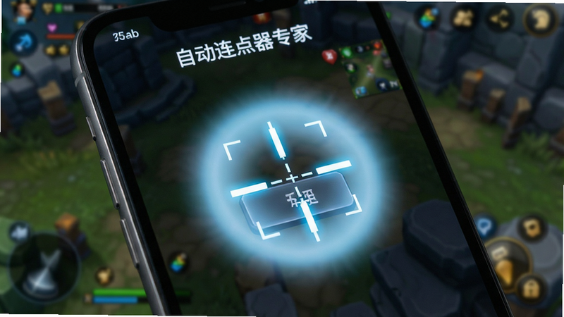一张手机屏幕特写图,显示“自动连点器专家”正在运行,屏幕中央有一个发光的十字准星锁定在某个按钮上,周围有淡蓝色的光圈扩散效果,表示坐标锁定成功,背景是模糊的游戏场景,突出“精准定位”的概念,高清,细节清晰,无杂乱背景