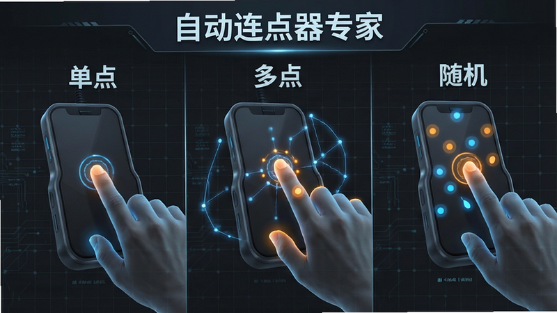 一张展示“自动连点器专家”多种点击模式对比的概念图,画面分为三个部分,分别展示单点触控、双指触控和随机散点触控的视觉效果,使用蓝色和橙色光点表示点击位置,背景为深灰色科技感网格,文字标注“单点”、“多点”、“随机”,风格现代,细节丰富,高清,无文字错误