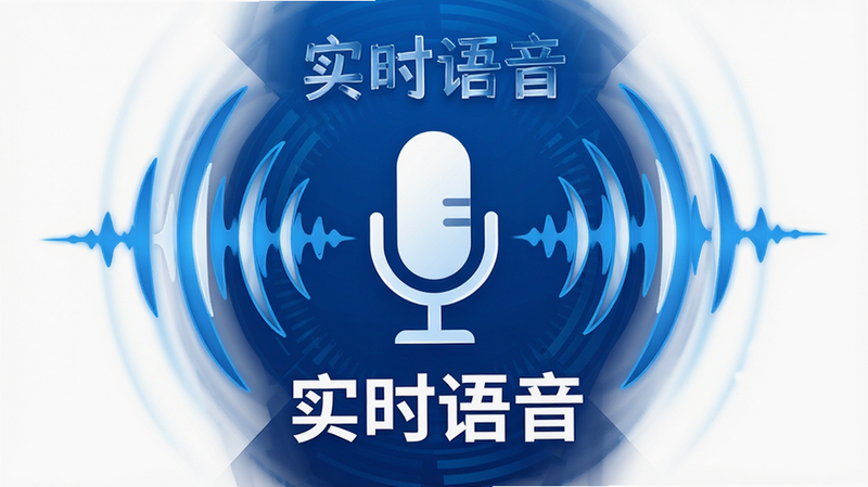 主体为手机麦克风图标与声波波纹,布局为中心辐射状,排版简洁,风格科技感蓝白配色,细节显示声波动态效果,文字“实时语音”清晰可见,画质清晰,背景纯白,无杂乱元素