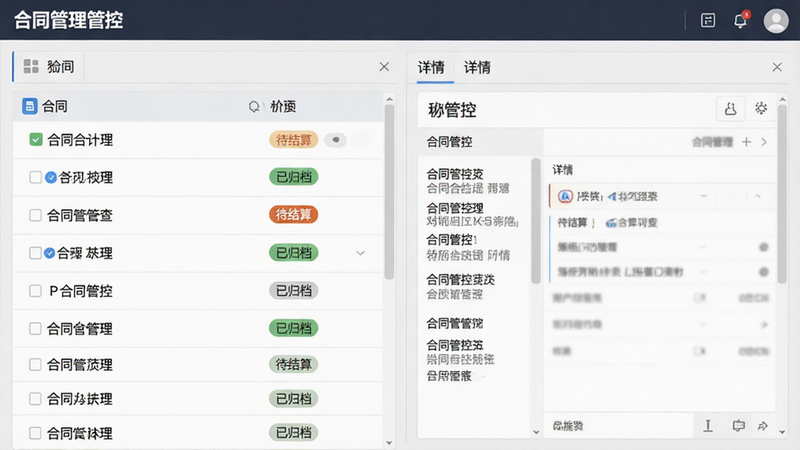主体为合同管理界面,布局分为左侧合同列表与右侧详情面板,排版结构化,风格严谨专业,细节包含“待结算”“已归档”状态标签,画质清晰,文字显示“合同管控”