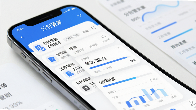 主体为“分包管家”App手机界面,布局清晰,展示工程列表与合同进度条,排版简约商务风,细节包含蓝色主色调图标与数据图表,风格现代科技感,画质高清4K,干净无多余元素,文字显示“分包管家”及“工程管理”