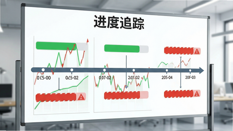 主体为工程进度看板,布局采用时间轴形式,排版直观,风格扁平化设计,细节包含绿色完成条与红色预警标记,画质高清,文字显示“进度追踪”