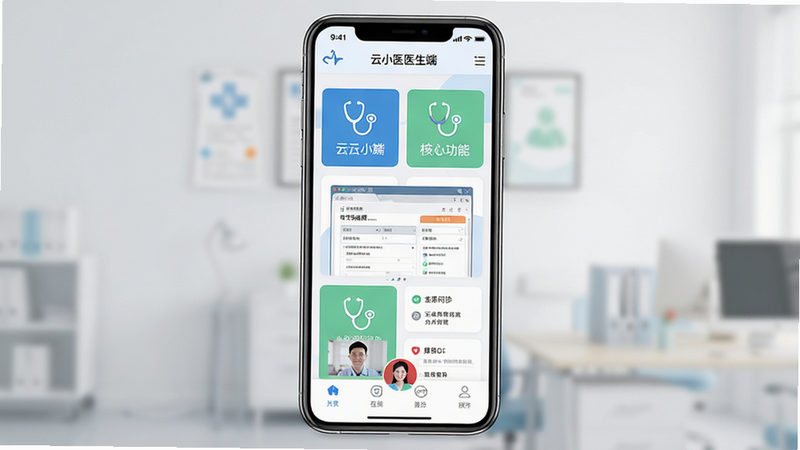 ����Ϊ��Сҽҽ����APP�Ľ���ȫ��չʾ������������Ϊ�������������в����Ĺ��ܿ�Ƭ�͵ײ����������Ű���ñ�ƽ��ҽ�Ʒ����ɫ�԰�ɫΪ�״���ҽ�����������̣�ϸ�ڰ���������ͼ�ꡢ���Ӳ���Ԥ�����ڡ�����������Ƶͨ����ť�����ʸ��壬�ɾ����޶���Ԫ�أ�����