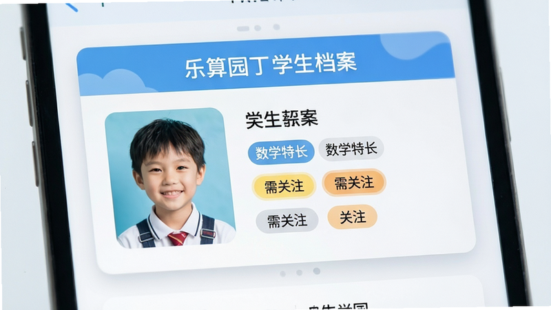 乐算园丁学生档案页面特写,主体为单个学生卡片,布局左侧头像右侧信息,排版整齐,风格清新,细节展示标签化信息如“数学特长”、“需关注”,画质高清,干净无杂乱背景