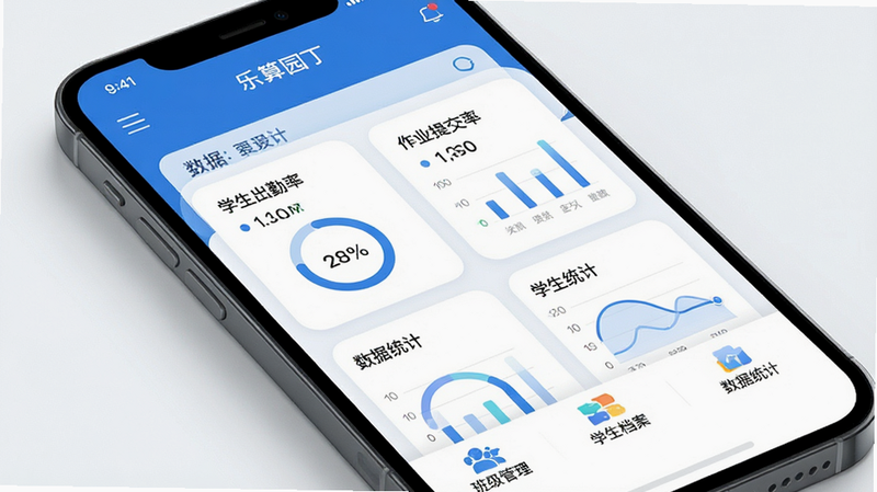 一张展示乐算园丁APP主界面的高质量UI设计图,主体为手机屏幕,布局清晰,包含顶部导航栏、中部数据仪表盘(显示学生出勤率、作业提交率等图表)、底部功能菜单(班级管理、学生档案、数据统计),风格现代简约,色调以教育蓝为主,细节处体现圆润的卡片式设计,画质清晰,无多余装饰元素