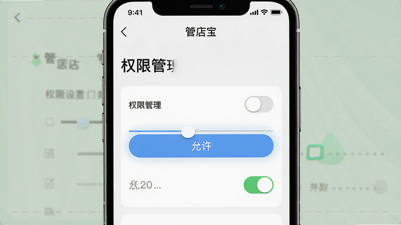 手机界面示意图,展示“管店宝”的权限设置页面,布局清晰,高亮显示“允许”按钮,风格简洁,细节展示滑块开关状态,画质清晰,干净,无多余元素,文字标注