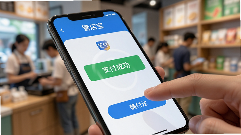 特写镜头展示手机屏幕上“管店宝”的支付界面,手指正在点击确认支付按钮,背景虚化显示繁忙的店铺环境,布局聚焦于交互细节,风格写实,细节展现流畅的动画效果,画质高清,干净,无多余元素,文字标注