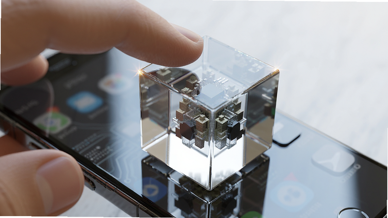 主体为特写镜头,显示一只手指在手机屏幕上拖动一个透明的3D立方体,立方体内部结构清晰可见,布局聚焦于交互动作,排版突出科技感,风格写实渲染,细节包含屏幕反光和立方体边缘的高光,画质逼真,干净,无多余元素