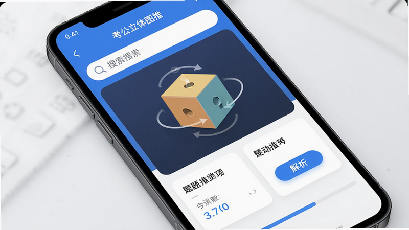 主体为手机屏幕界面,展示“考公立体图推”App的核心功能页,布局清晰,上方为搜索栏,中间为3D立方体旋转演示区域,下方为题目选项卡片,排版简洁现代,风格扁平化设计,细节包含高亮的“解析”按钮和进度条,画质高清,干净,无多余元素