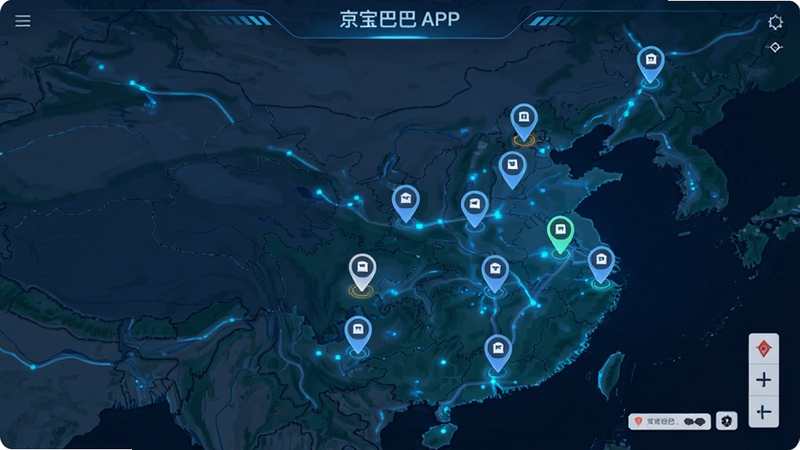 主体为地图界面,显示京宝巴巴APP中的商户标记点,布局呈现地理分布,排版整齐,风格科技感强,细节展示位置图标,画质清晰,干净,无多余元素