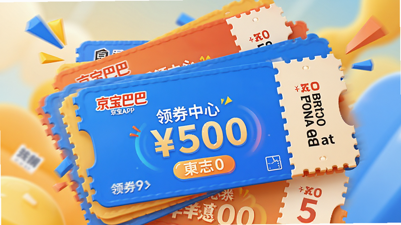 主体为优惠券卡片堆叠画面,显示京宝巴巴APP内的领券中心,布局层次分明,排版富有动感,风格活泼明亮,细节展示券面金额,画质细腻,干净,无多余元素