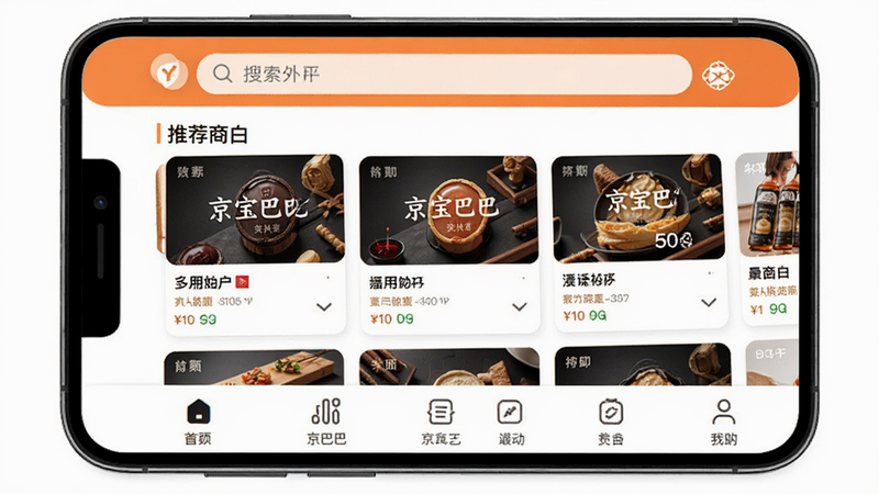 主体为手机屏幕界面,显示京宝巴巴APP首页,布局清晰,顶部有搜索栏,中间展示推荐商户卡片,底部为导航菜单,风格简约现代,细节丰富,画质高清,干净,无多余元素