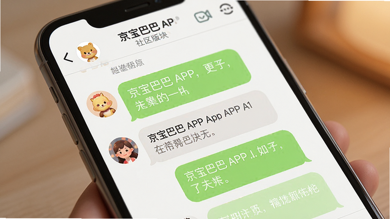 主体为手机聊天界面,显示京宝巴巴APP的社区版块,布局为对话气泡形式,排版紧凑有序,风格温馨友好,细节展示用户头像与文字,画质柔和,干净,无多余元素