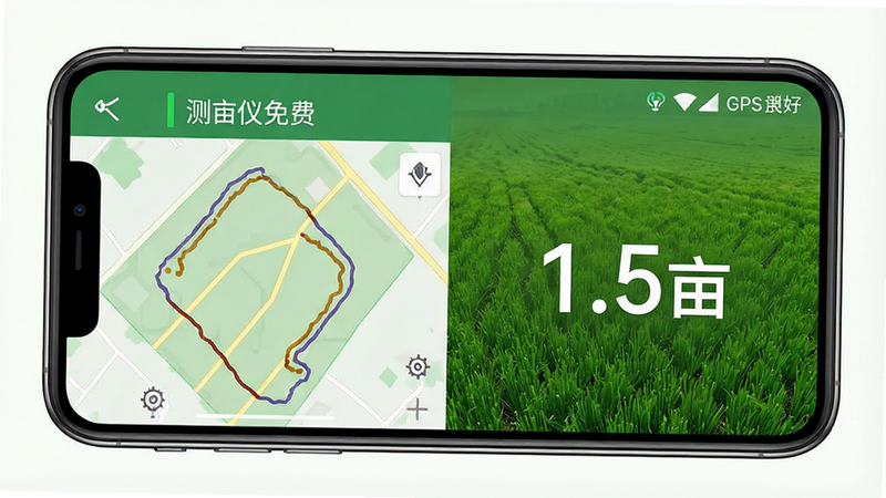 生成一张高清手机应用界面预览图,主体为‘测亩仪免费’APP的主界面,布局清晰,左侧显示实时地图轨迹,右侧显示面积数字‘1.5亩’,顶部状态栏显示GPS信号良好,背景为绿色农田,风格现代简约,细节丰富,画质高清,干净无多余元素,文字‘测亩仪免费’清晰可见