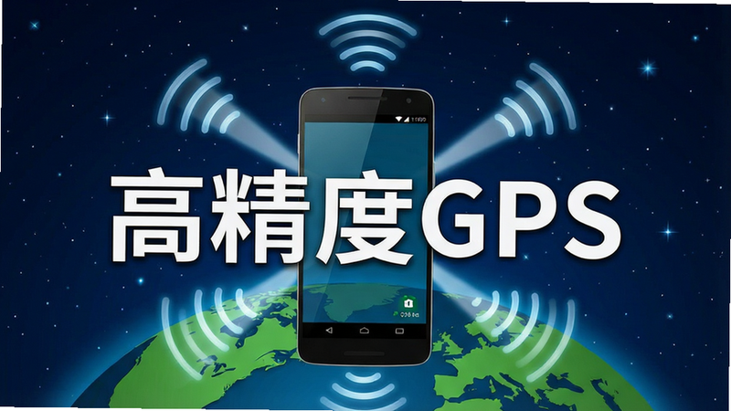 生成一张科技感的卫星定位示意图,主体为一部安卓手机,周围环绕着多条代表卫星信号的光束,背景为深蓝色星空与绿色地球局部,文字‘高精度GPS’醒目显示,布局对称,风格专业,细节展现信号波纹,画质清晰,干净无杂物