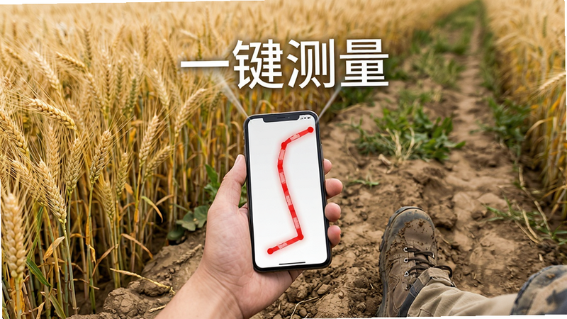 生成一张户外实景合成图,主体为一个人手持手机在农田小径上行走,手机屏幕上方悬浮显示一条红色的测量轨迹线,背景是金黄色的麦田,文字‘一键测量’浮现在空中,布局自然,风格写实,细节展现泥土质感,画质逼真,干净无遮挡