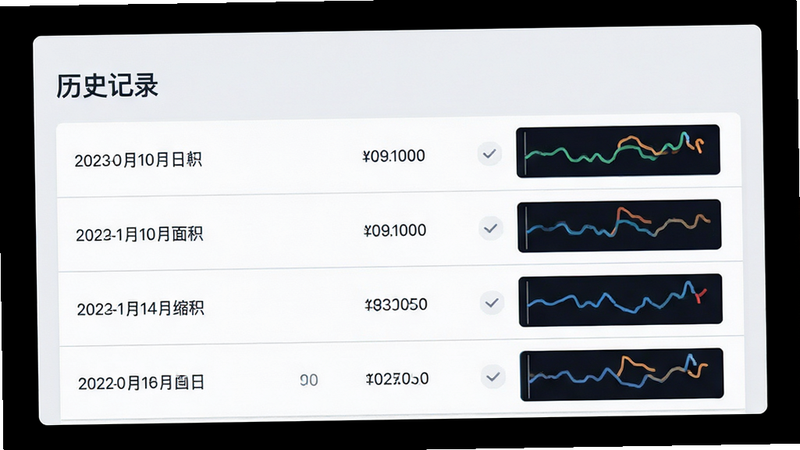 生成一张数据管理界面示意图,主体为列表式的历史记录页面,每行显示日期、面积数值和缩略轨迹图,背景为浅灰色卡片式设计,文字‘历史记录’清晰,布局整齐,风格扁平化,细节展现列表分割线,画质细腻,干净无水印