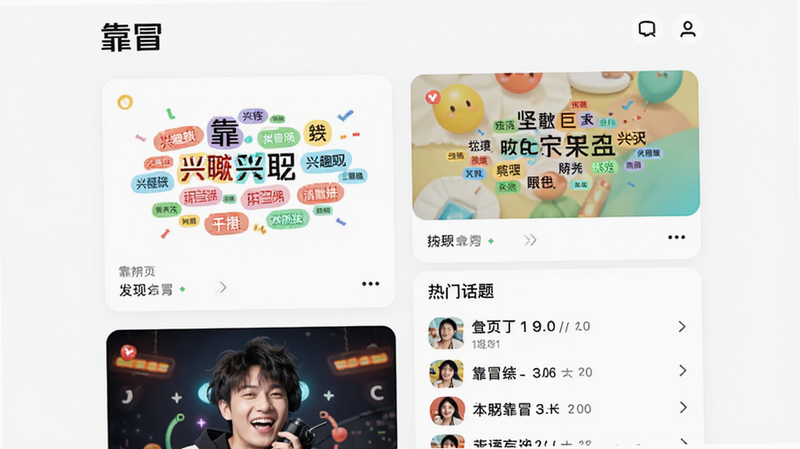 靠冒发现页界面,主体为推荐卡片流,布局双列瀑布流,排版灵活,风格活泼多彩,细节展示兴趣标签云及热门话题列表,画面明亮,无杂乱元素,干净背景,文字标注