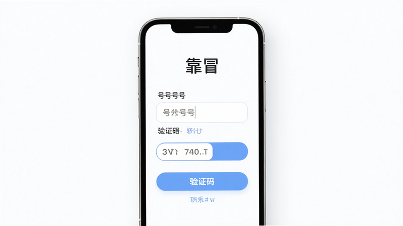 靠冒注册登录流程界面,主体为手机屏幕,布局居中表单,排版清晰,风格友好亲切,细节展示手机号输入框及验证码按钮,画面简洁,无冗余装饰,干净背景,文字标注