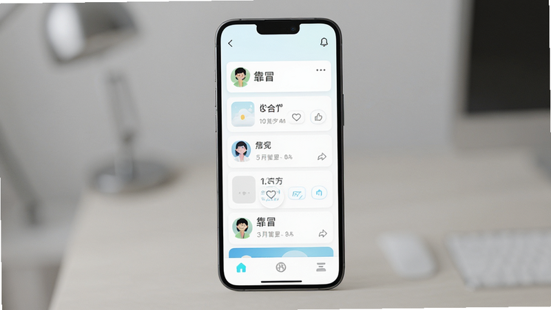 靠冒安卓应用主界面预览,主体为手机屏幕,布局采用卡片式信息流,排版整洁有序,风格清新简约,细节展示用户头像、点赞互动按钮及底部导航栏,画面干净,无多余装饰元素,高清质感,文字标注