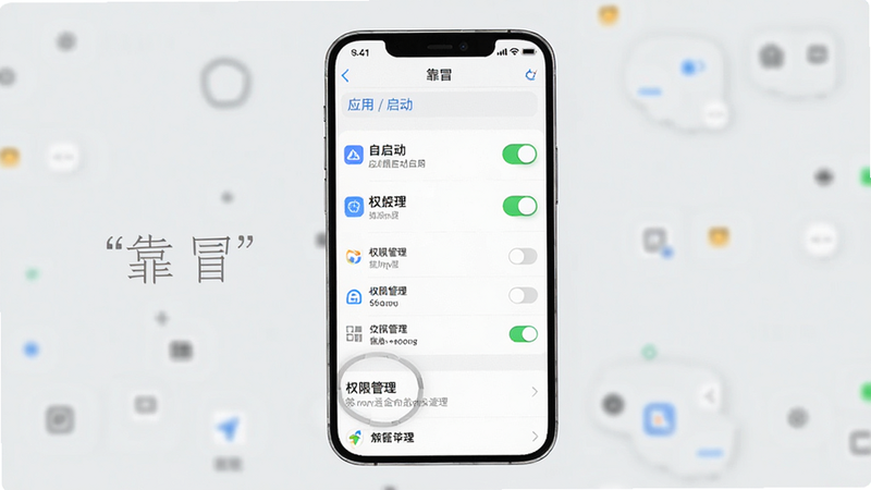 手机后台管理界面示意图,主体为手机设置页,布局列表式,排版标准,风格简约科技,细节展示应用自启动开关及权限管理选项,画面清晰,无干扰元素,干净背景,文字标注