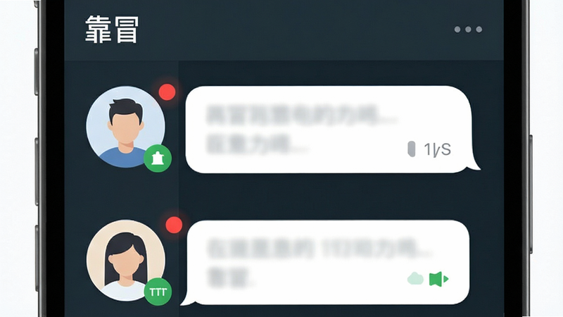 靠冒消息列表界面特写,主体为聊天窗口,布局左侧头像右侧气泡,排版紧凑,风格现代扁平,细节展示未读消息红点提示及在线状态图标,画面清晰,无噪点,干净背景,文字标注