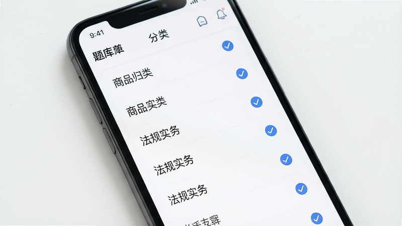 主体为手机屏幕,展示题库分类界面,列表清晰显示“商品归类”、“法规实务”等标签,排版整齐,字体清晰,风格现代极简,细节处有勾选图标,画质高清,干净无多余元素