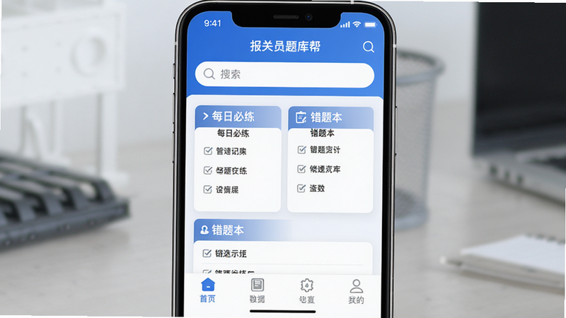 主体为手机屏幕界面,展示“报关员题库帮”APP首页,布局清晰,顶部为搜索栏,中部显示“每日必练”与“错题本”模块,底部为导航栏,风格简约商务,蓝色为主色调,细节处体现专业感,画质高清,干净无多余元素