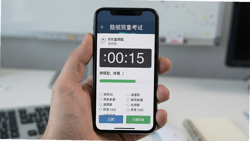 主体为手机屏幕,展示模拟考试界面,倒计时清晰可见,题目区域居中,底部为选项按钮,布局规范,风格严肃专注,细节处有进度条指示,画质高清,干净无多余元素