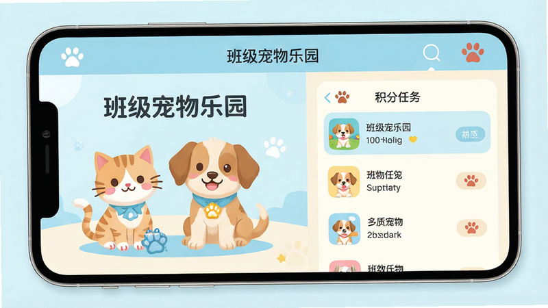 һ���������µĽ�����APP����չʾͼ������Ϊ���༶������԰��Ӧ����ҳ�������ʾ�ɰ��Ŀ�ͨ����������СèС�����Ҳ�չʾ���������б��������������ĵ�����������ɫ��Ϊ��͵�ǳ�����װף����Ϊ��ƽ���廭�磬ϸ�ڷḻ�����ʸ��壬�ɾ��޶���Ԫ�أ����֡��༶������԰�������ɼ�