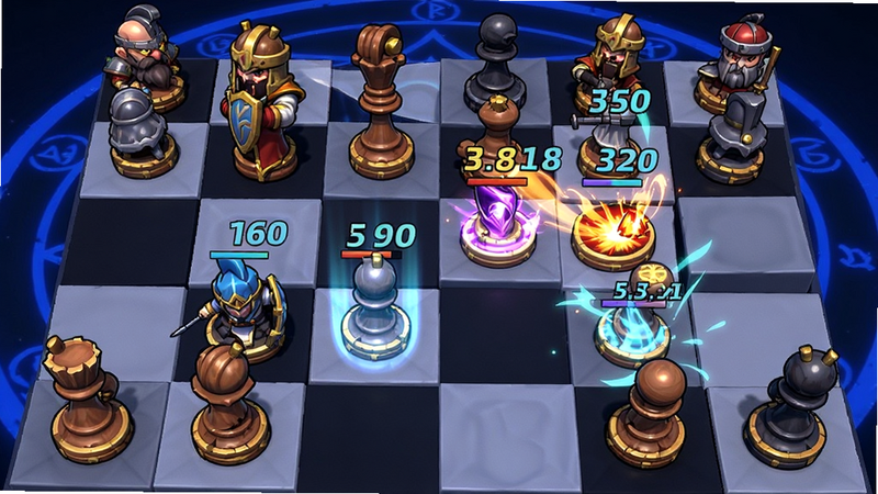 棋盘格化的战场布局,上面摆放着不同职业的卡通棋子,显示技能特效与伤害数字,背景是深蓝色的魔法阵,强调策略与战斗,风格为游戏UI概念图,线条清晰,色彩对比强烈,画质高清,干净
